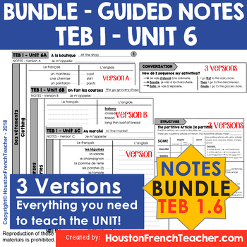 Preview of T'es branche Guided notes Level 1 TEB 1 Unit 6 (BUNDLE - TEB 1 UNIT 6 - NOTES)