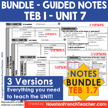 Preview of T'es branche Guided notes Level 1 TEB 1 Unit 7 (BUNDLE - TEB 1 UNIT 7 - NOTES)
