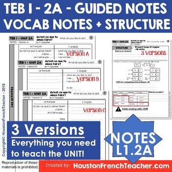 Preview of T'es branche guided notes Vocab List Structure Level 1 TEB 1 Unit 2A - No Prep!