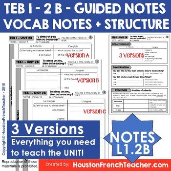 Preview of T'es branche guided notes Vocab List Structure Level 1 TEB 1 Unit 2B - No Prep!