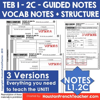 Preview of T'es branche guided notes Vocab List Structure Level 1 TEB 1 Unit 2C - No Prep!