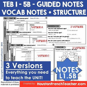 Preview of T'es branche guided notes Vocab List Structure Level 1 TEB 1 Unit 5B - No Prep!