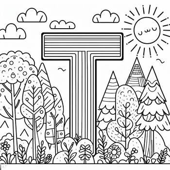 Preview of T is for Trees- Letters and Nature themed coloring page