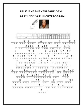 Preview of TALK LIKE SHAKESPEARE DAY- APRIL 23RD: A FUN CRYPTOGRAM