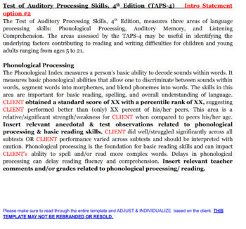 Preview of TAPS-4 Tests of Auditory Processing template, sample report with accommodations