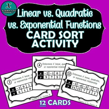 Preview of TASK CARD SORT ACTIVITY - Algebra - Linear vs. Quadratic vs. Exponential