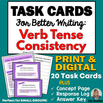 Preview of TASK CARDS for BETTER WRITING: Verb Tense Consistency - Print & DIGITAL