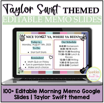 Preview of TAYLOR SWIFT ERAS & LYRICS Themed Editable Google Morning Meeting Agenda Slides