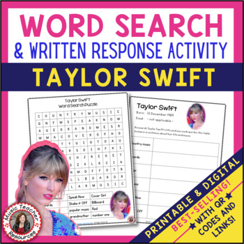 Preview of TAYLOR SWIFT Music Word Search and Biography Research Activity Worksheets