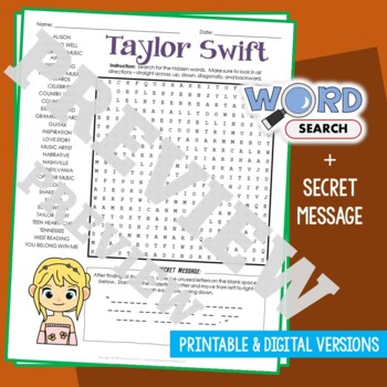 Preview of TAYLOR SWIFT Word Search Puzzle Activity Vocabulary Worksheet Secret Message