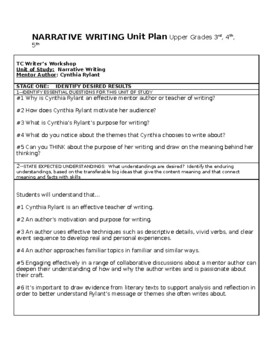 Preview of Narrative Writing/Mentor Study (Cynthia Rylant) Grades 3rd-5th UNIT PLAN