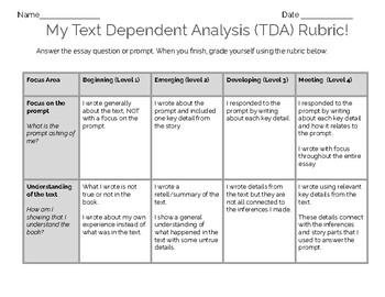 Preview of TDA Self Graded Rubric for Students PSSA Prep Essay Writing Support TDQ ARC CORE