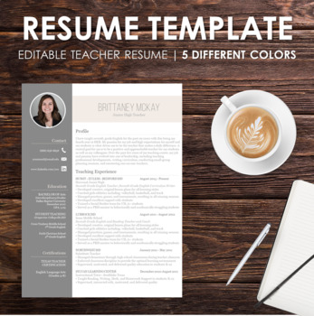 Preview of TEACHER RESUME TEMPLATE - Cover Letter and Resume with 5 Different Color Options