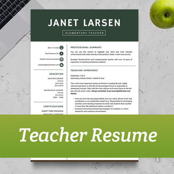 Preview of TEACHER RESUME TEMPLATE for MS Word and Apple Pages | Instant Download