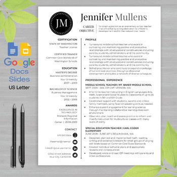 TEACHER RESUME Template Google Docs and Google Slides + Educator ...