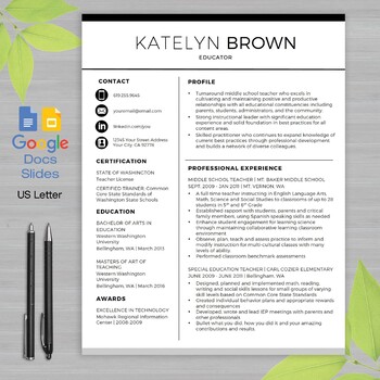Preview of TEACHER RESUME Template Google Docs and Google Slides + Educator Writing Guide