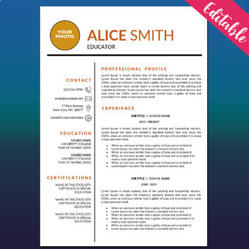 Preview of TEACHER RESUME Template with Photo for MS Word, Cover and References Letter