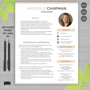 Preview of TEACHER RESUME Template with Photo For MS Word | + Educator Resume Writing Guide