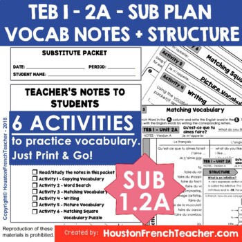 Preview of TEB T'es branché 1 Unit 2A - Les activités (Hobbies)  Sub Plan Vocab & Structure