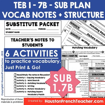 Preview of TEB T'es branché 1 Unit 7B - Mettre le couvert/table  Sub Plan Vocab & Structure