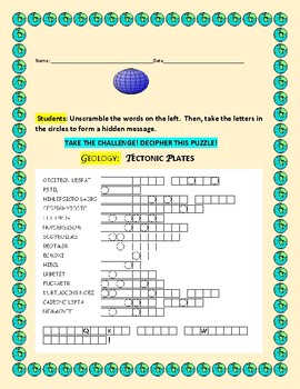 Preview of TECTONIC PLATES: A SCIENCE PUZZLE: DECIPHERING A JUMBLE: MG, GRS 8-12