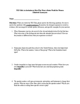 Preview of TED Talk: An Invitation to Men Who Want a Better World for Women (Worksheet)