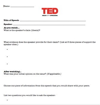 Preview of TED Talk Worksheet