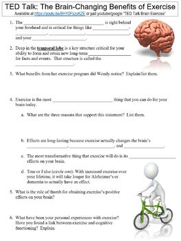 Preview of TED Talk worksheet: The Brain-Changing Benefits of Exercise