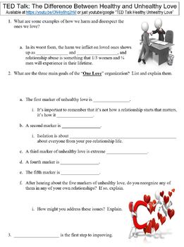 Preview of TED Talk worksheet: The Difference Between Healthy and Unhealthy Love