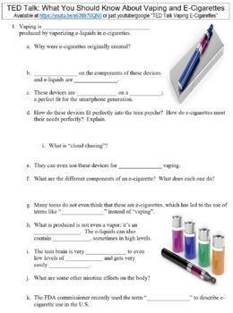 Preview of TED Talk worksheet: What You Should Know About Vaping and E-Cigarettes