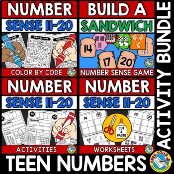 Preview of TEEN NUMBER SENSE PRACTICE WORKSHEETS AND ACTIVITY GAME 11-20 KINDERGARTEN MATH