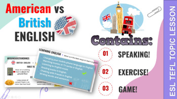 Preview of TEFL ESL Middle School - American vs British - Explore English Topic Lesson Game