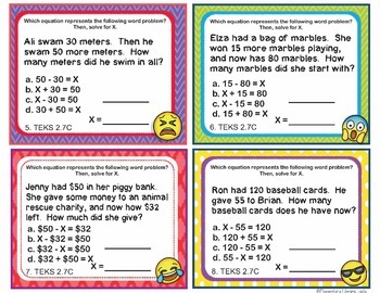 Math TEKS 2.7C Texas 2nd Grade Task Cards Addition and Subtraction Word
