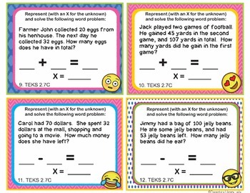 Math TEKS 2.7C Texas 2nd Grade Task Cards Addition and Subtraction Word
