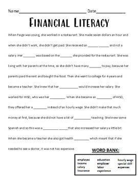 Preview of TEKS 3.9: Financial Literacy Vocab (Cloze/Fill-in-the-Blank)