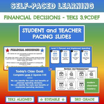 Preview of TEKS 3.9CDEF Financial Decisions - Self-Pacing Slides | 3rd Grade Financial Lit