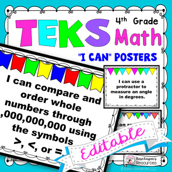 Preview of TEKS Posters 4th Grade Math Editable TEKS I Can Statements