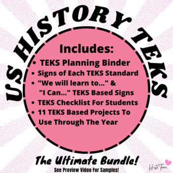 Preview of TEKS Binder, Signs, Checklists, and Projects For 8th Grade US History