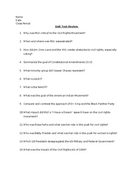 Preview of TEKS Driven Civil Rights Unit Test Review (without Cold War info.)