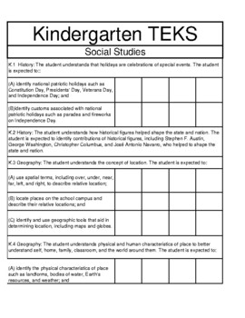 Preview of TEKS- Kindergarten Social Studies Checklist