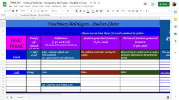 Preview of TEMPLATE -Vocabulary BR -Student-Choice -10Rows/16Words- Sentence Advancement
