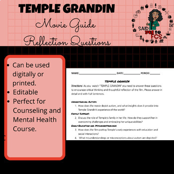Preview of TEMPLE GRANDIN Reflection Questions/Movie Guide