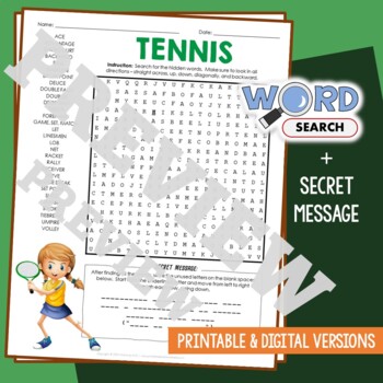 Preview of TENNIS Word Search Puzzle Activity Vocabulary Worksheet Secret Message