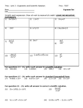 Preview of 7 Honors MATH TEST on EXPONENTS and SCIENTIFIC NOTATION (Unit 2)