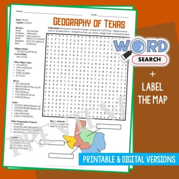 Preview of TEXAS Geography and Regions Word Search Puzzle Map Activity Worksheet
