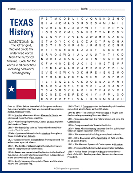 Texas Revolution Word Search Puzzle Activity Page with Coloring