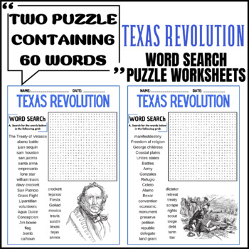 Texas Revolution Word Search Puzzle Activity Page with Coloring