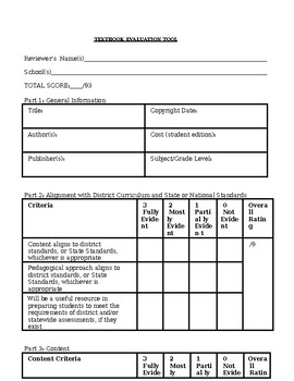 Preview of textbook evaluation tool (editable and fillable resource)