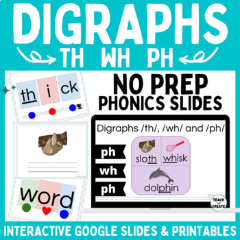 Preview of TH, WH and PH DIGRAPHS NO PREP PHONICS SLIDES with PRINTABLES & Phonics Games