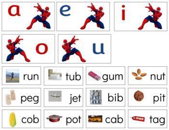 Preview of TH022 (GOOGLE): middle|vowel sound (CVC|phonetic) sorting cards (Spiderman)